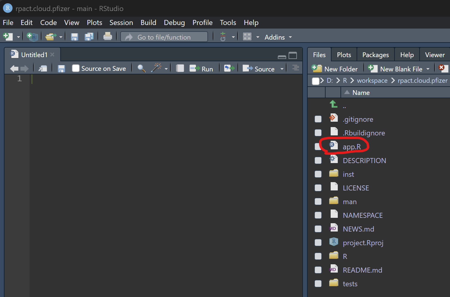 Screenshot showing how to open app.R in RStudio