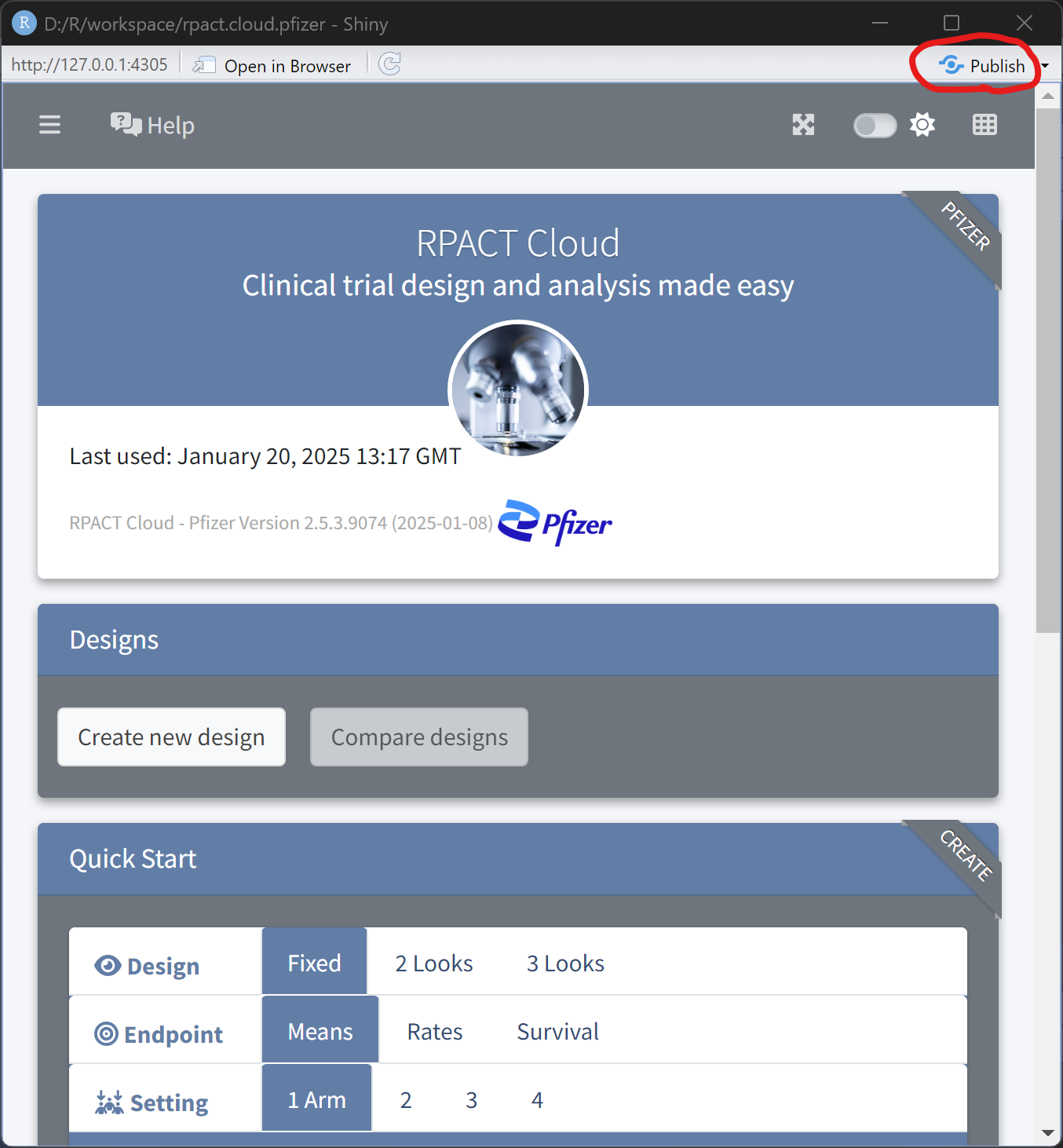 Screenshot showing
the Publish button in RStudio