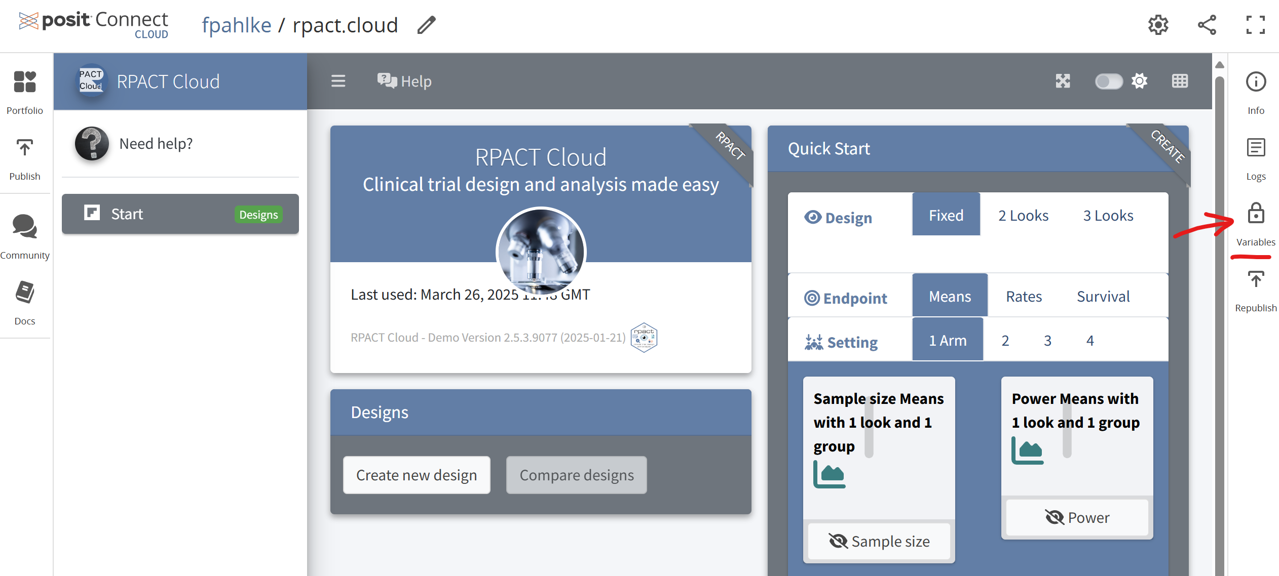 Screenshot showing the Variables section in the Posit Connect Workbench